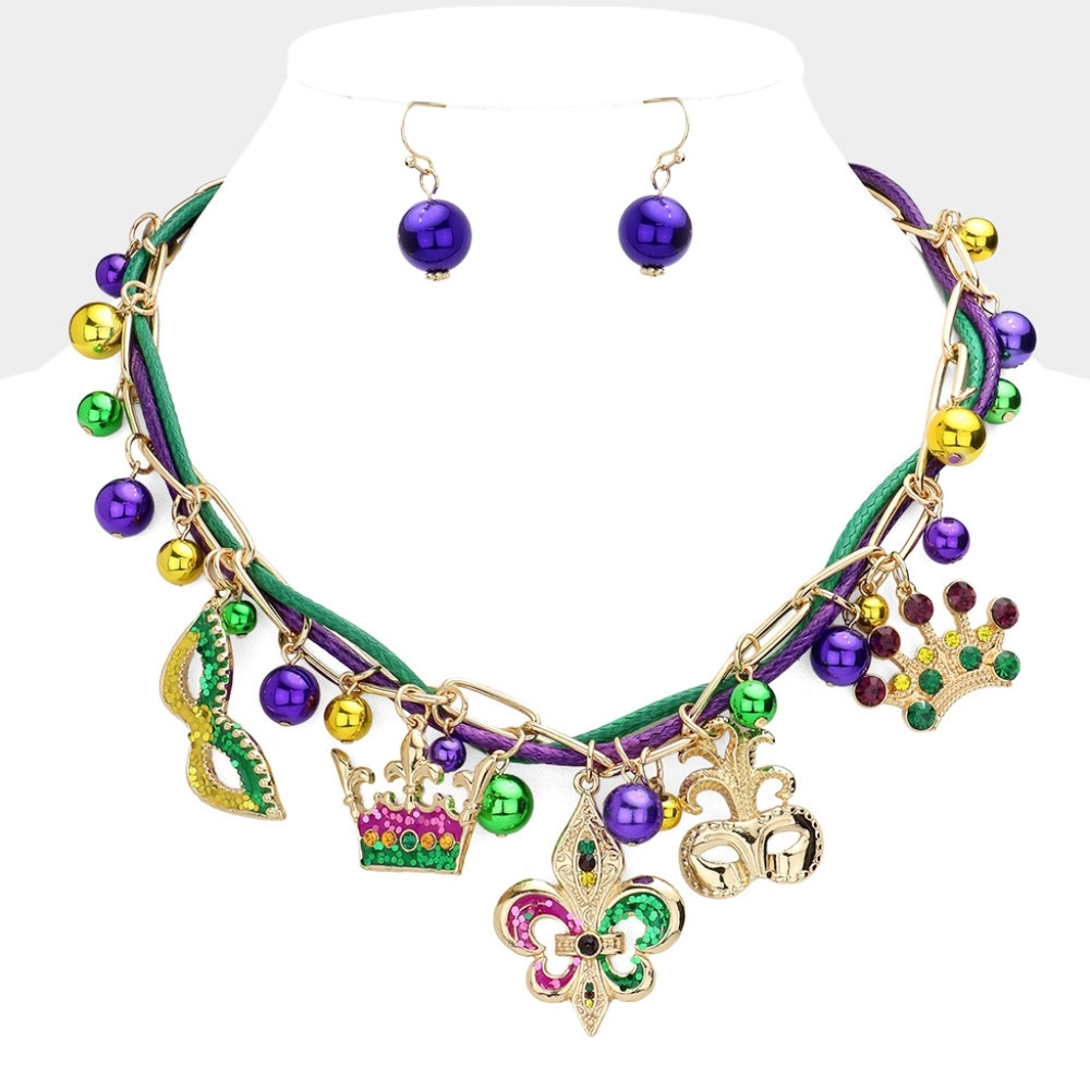 Purple Gold Mask Crown Fleur De Lis Charm Necklace Mardi Gras Jewelry Accessory